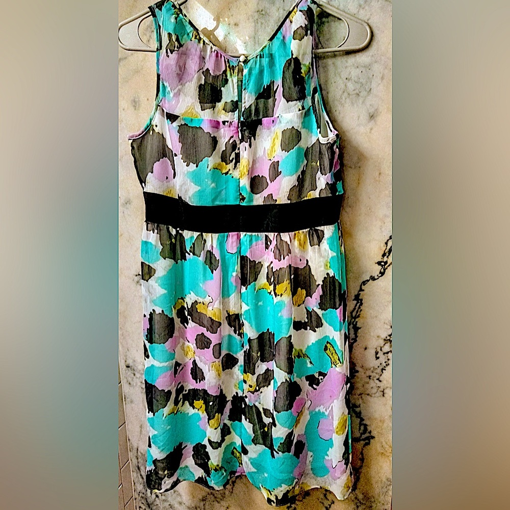 Anne Taylor Loft Midi Dress 6P Black/Lilac/Blue/Green Geo Print Layered Bodice